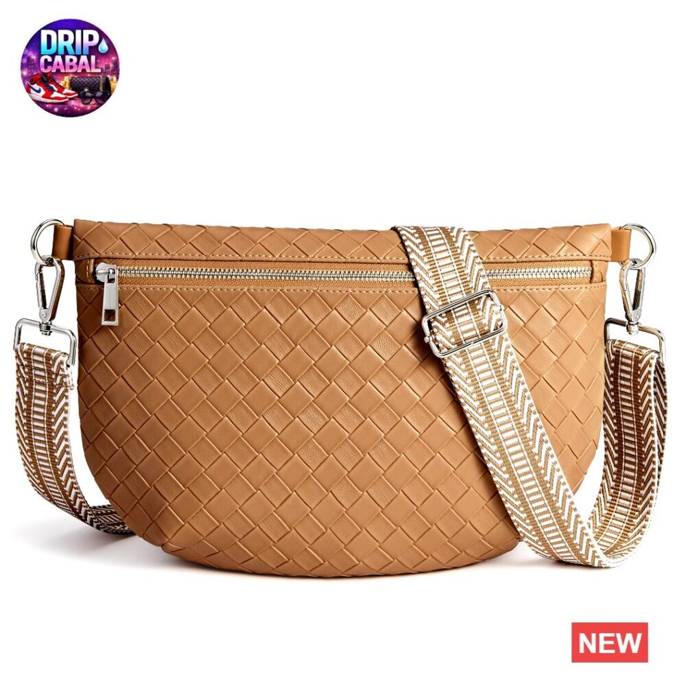 Faux Leather Woven Crossbody Fanny Pack Belt Bag with Wide Strap